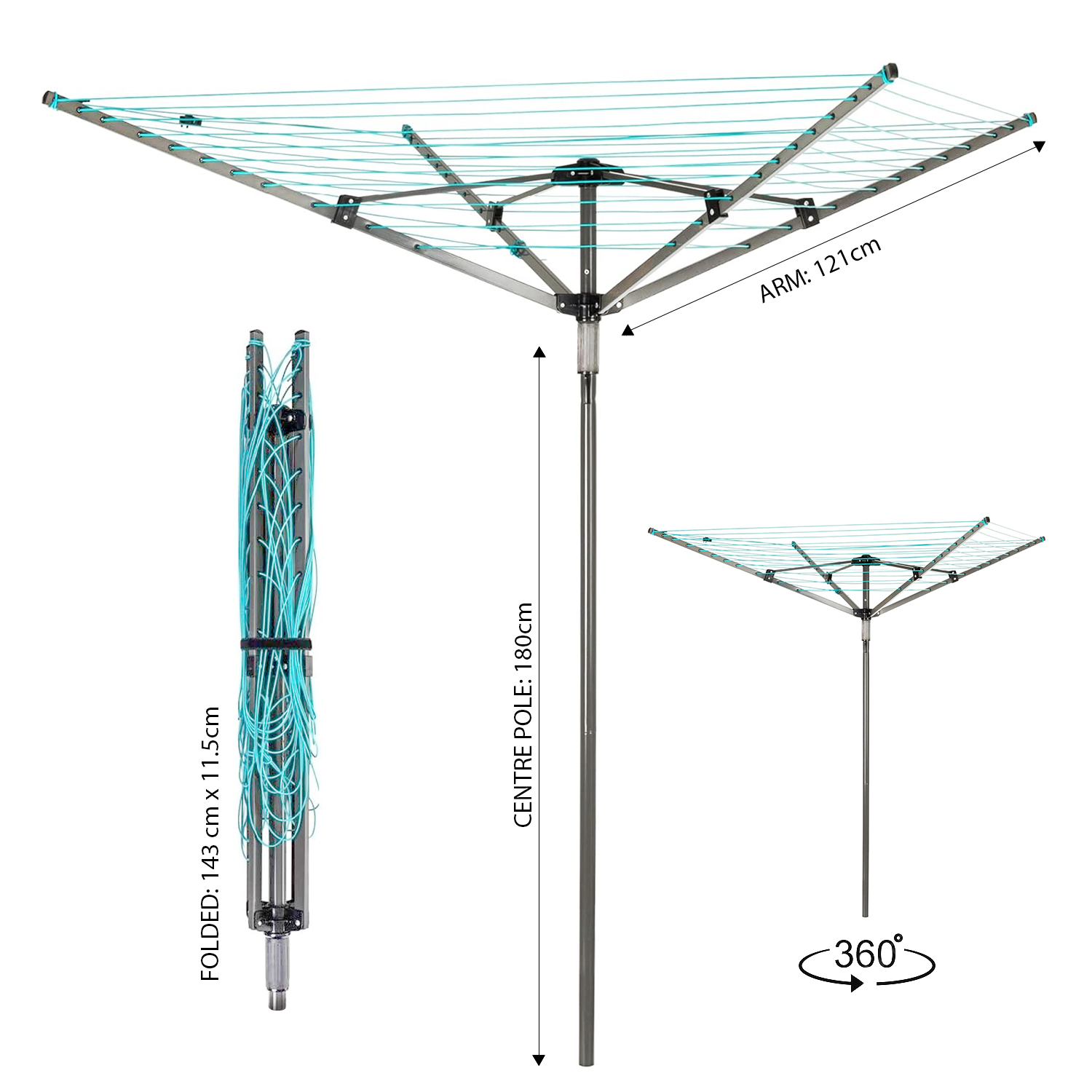 Heavy Duty 50m/60m Rotary Clothes Dryer – 4 Arm Garden Outdoor Washing Line – Powder-Coated Steel, Foldable, Silver