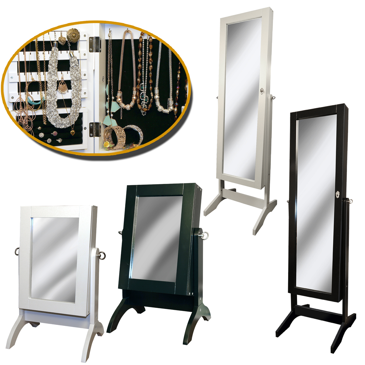Black Or White Mirror Jewellery Armoire Cabinet Floor Standing Or