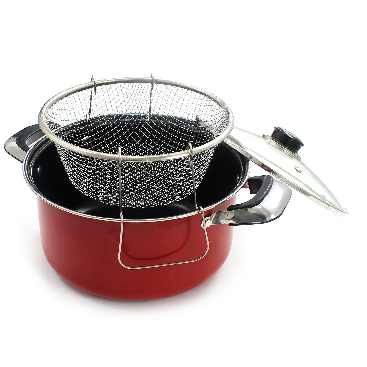 UK Non Stick Chip Pan Deep Fat Fryer Cooking Pot Frying Basket With Lid Set 24cm 