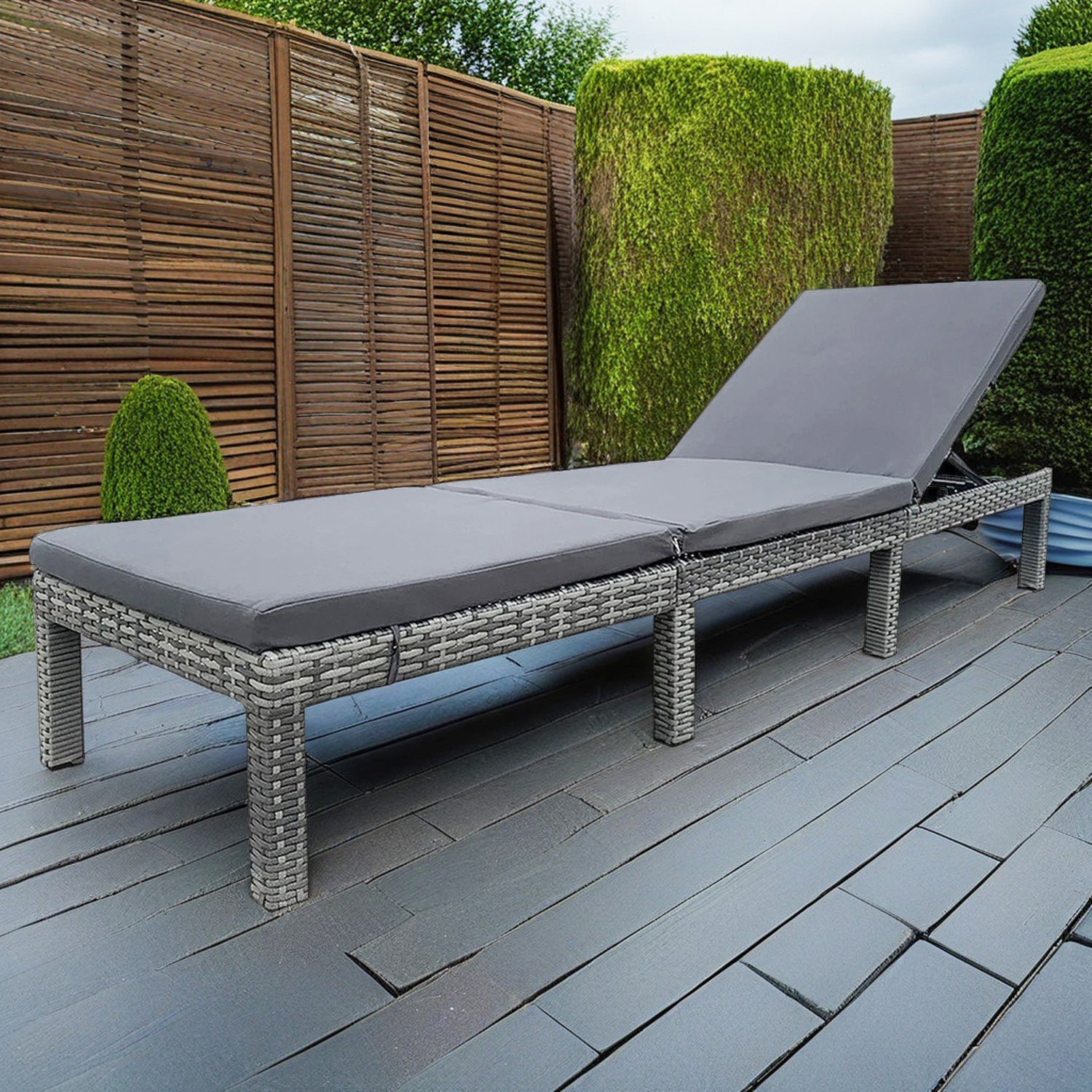 Grey Rattan Effect Adjustable Reclining Sun Lounger with Grey Cushions