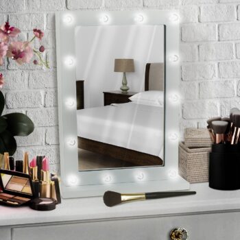 White Makeup Mirror With 14 Led Lights, White Vanity With Hollywood Lights