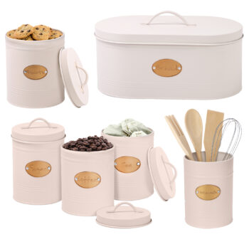 6 Piece Cream Kitchen Canister Storage Essentials Set with Copper Badges