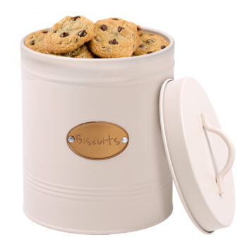 Cream Canister Round Biscuit Tin with Copper Badge