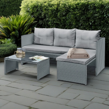 Grey Florence 3 Seater L-Shaped Outdoor Rattan Corner Sofa with Table