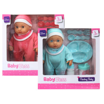 23cm Hard Body Baby Doll with Feeding Accessories – Pink or Blue