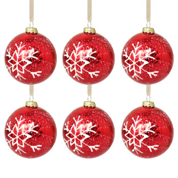 Pack of 6 Red Glass Snowflake Christmas Baubles