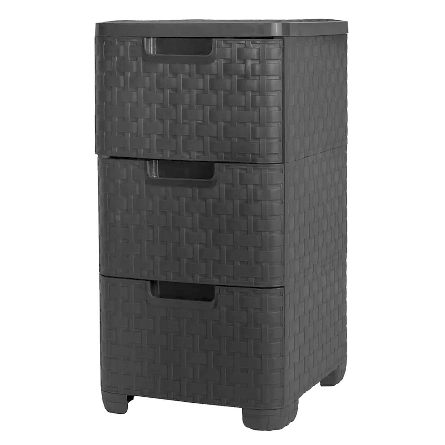 Plastic Storage Tower Unit with 3 Drawers - Black Rattan Effect