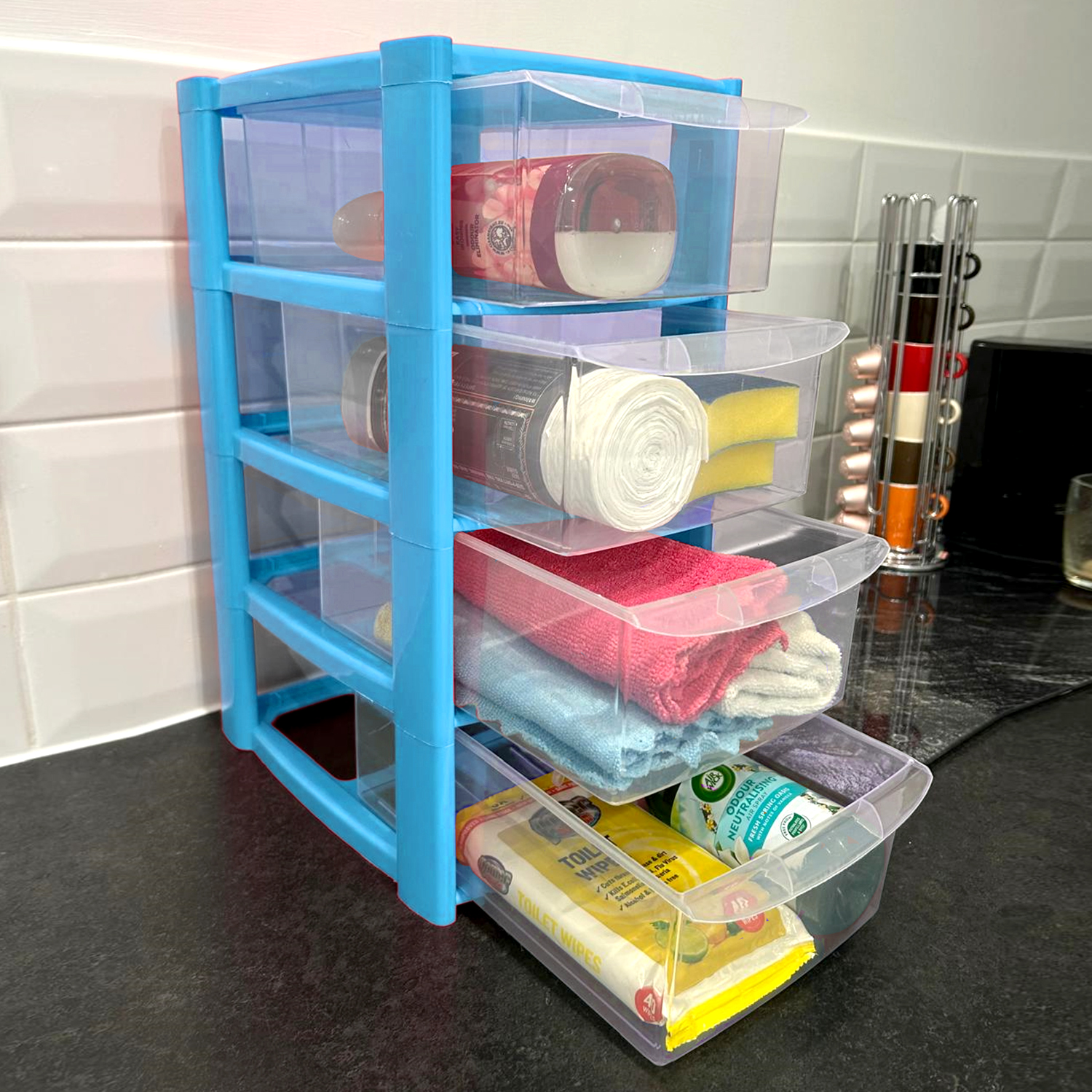 Mini 4 Drawer Plastic Storage Tower – Clear Drawers with Pink or Baby Blue Frame by STASH'D - Image 2