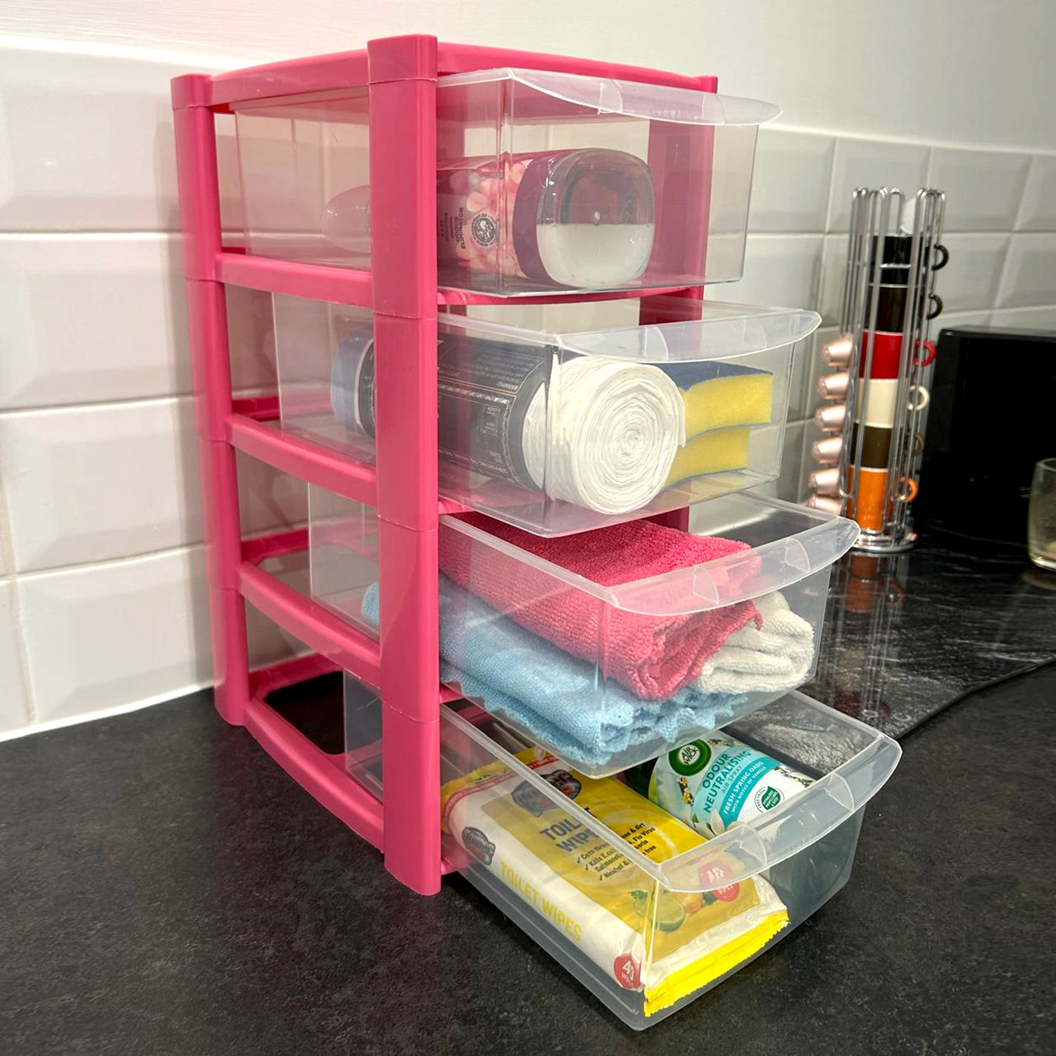 Mini 4 Drawer Plastic Storage Tower – Clear Drawers with Pink or Baby Blue Frame by STASH'D - Image 6