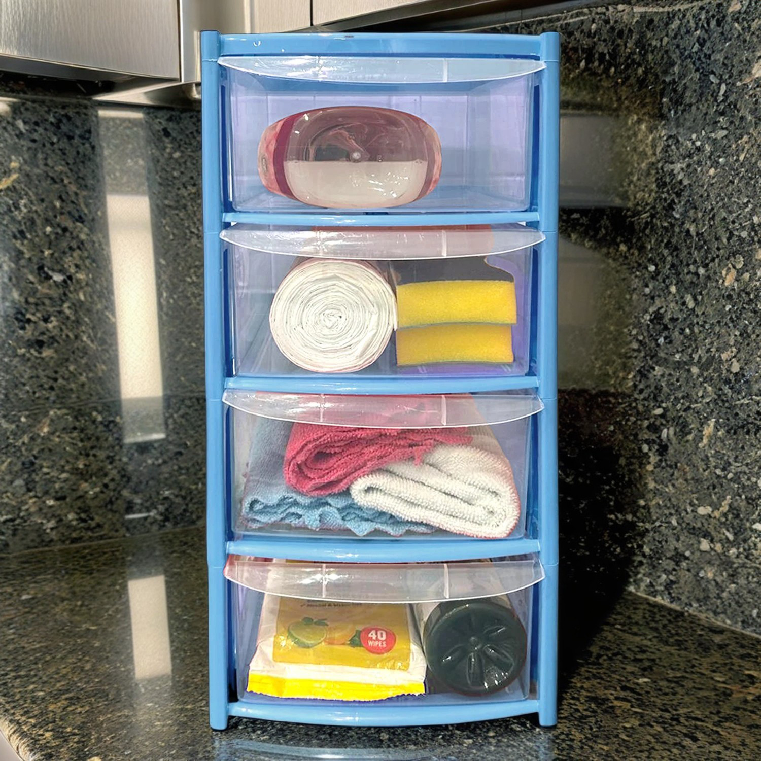 Mini 4 Drawer Plastic Storage Tower – Clear Drawers with Pink or Baby Blue Frame by STASH'D - Image 3