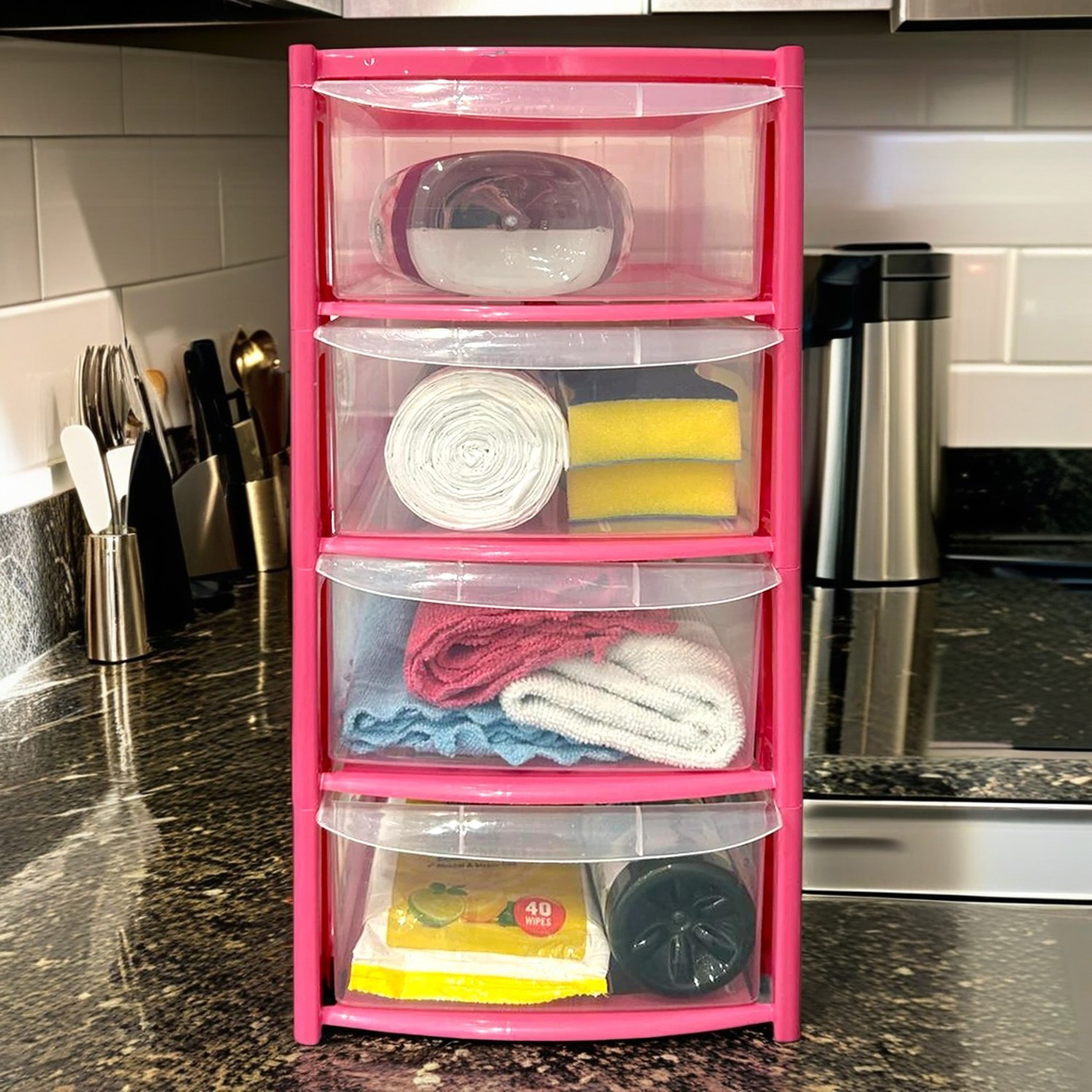 Mini 4 Drawer Plastic Storage Tower – Clear Drawers with Pink or Baby Blue Frame by STASH'D - Image 5