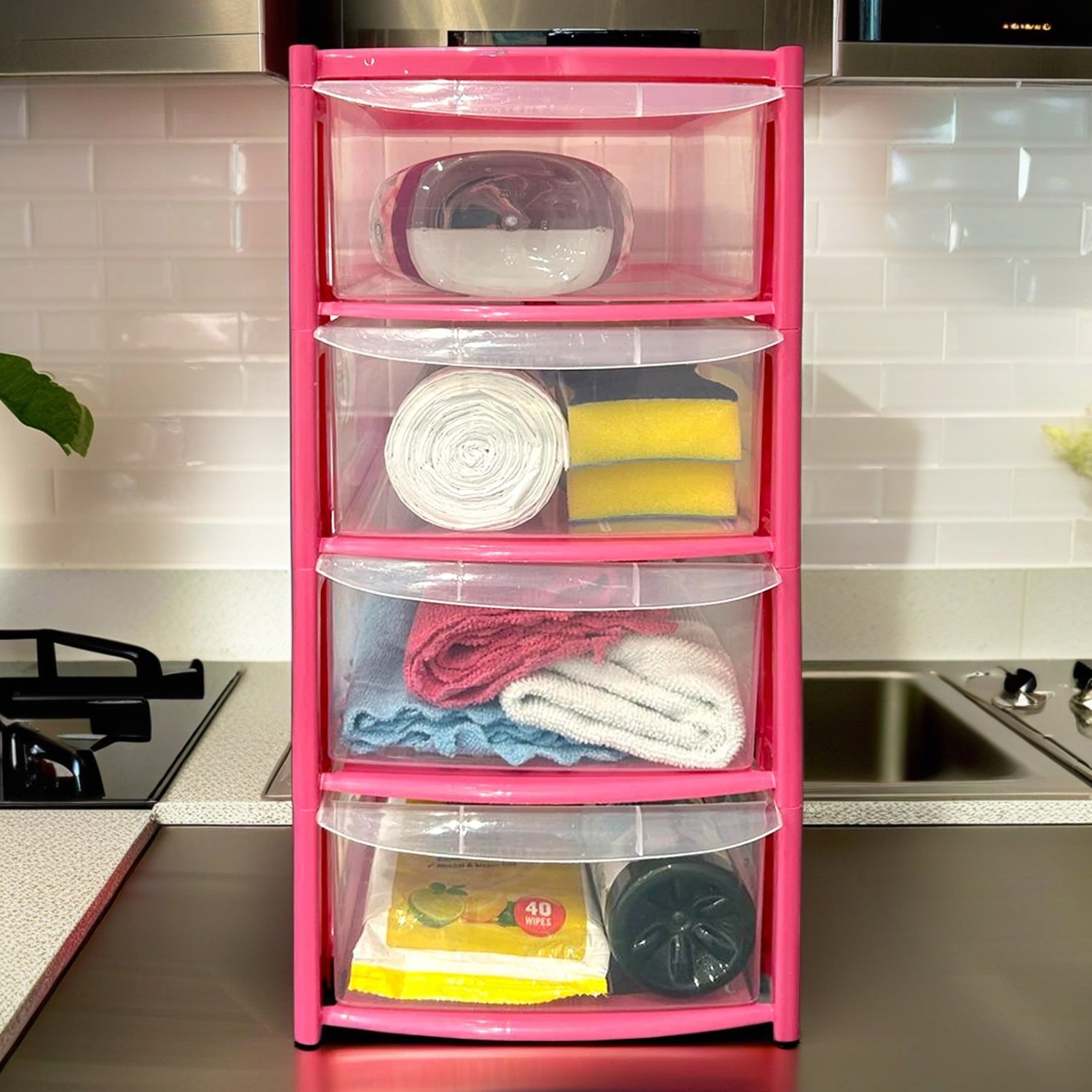 Mini 4 Drawer Plastic Storage Tower – Clear Drawers with Pink or Baby Blue Frame by STASH'D - Image 11