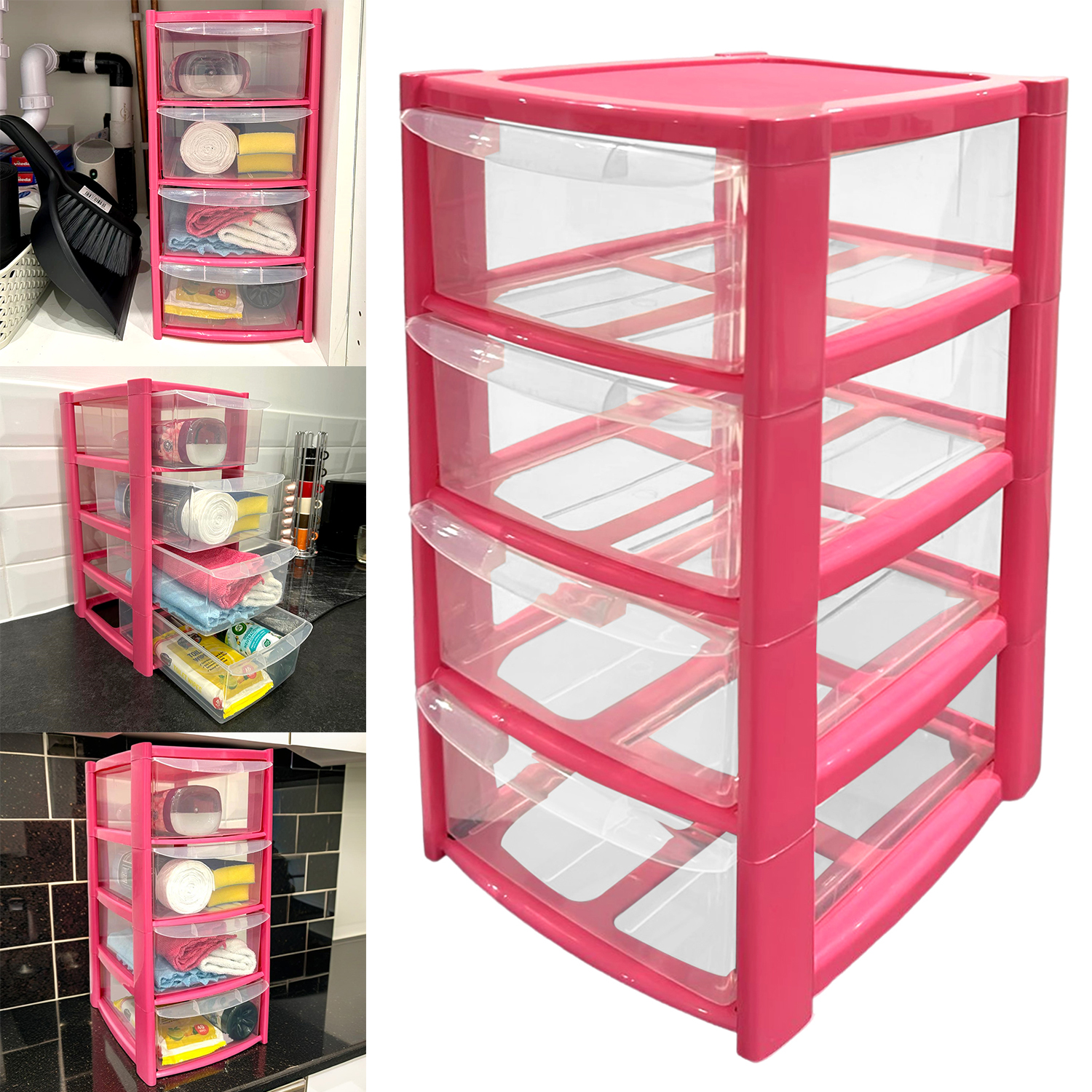 Mini 4 Drawer Plastic Storage Tower – Clear Drawers with Pink or Baby Blue Frame by STASH'D - Image 7
