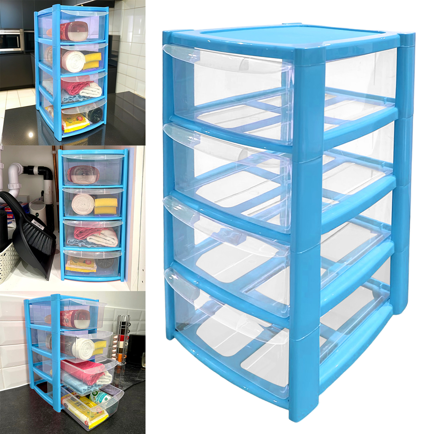 Mini 4 Drawer Plastic Storage Tower – Clear Drawers with Pink or Baby Blue Frame by STASH'D - Image 4