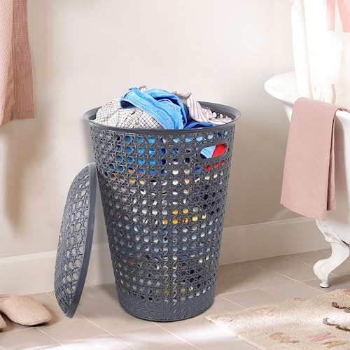 48L Round Laundry Basket with Lid & Handles – Plastic Rattan Effect Hamper (White & Grey) - Image 2