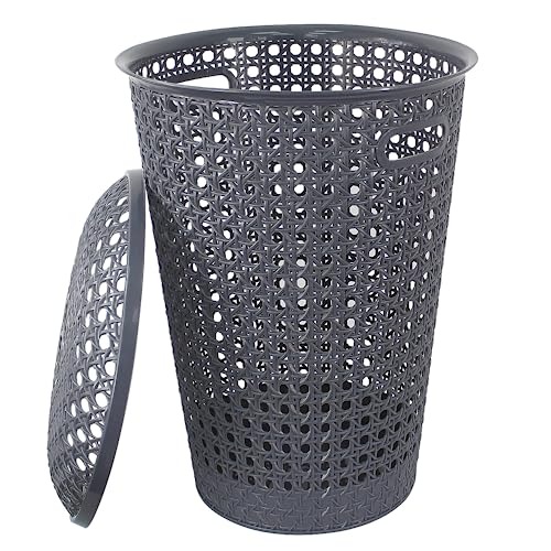 48L Round Laundry Basket with Lid & Handles – Plastic Rattan Effect Hamper (White & Grey) - Image 6