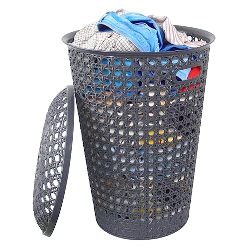 48L Round Laundry Basket with Lid & Handles – Plastic Rattan Effect Hamper (White & Grey) - Image 8