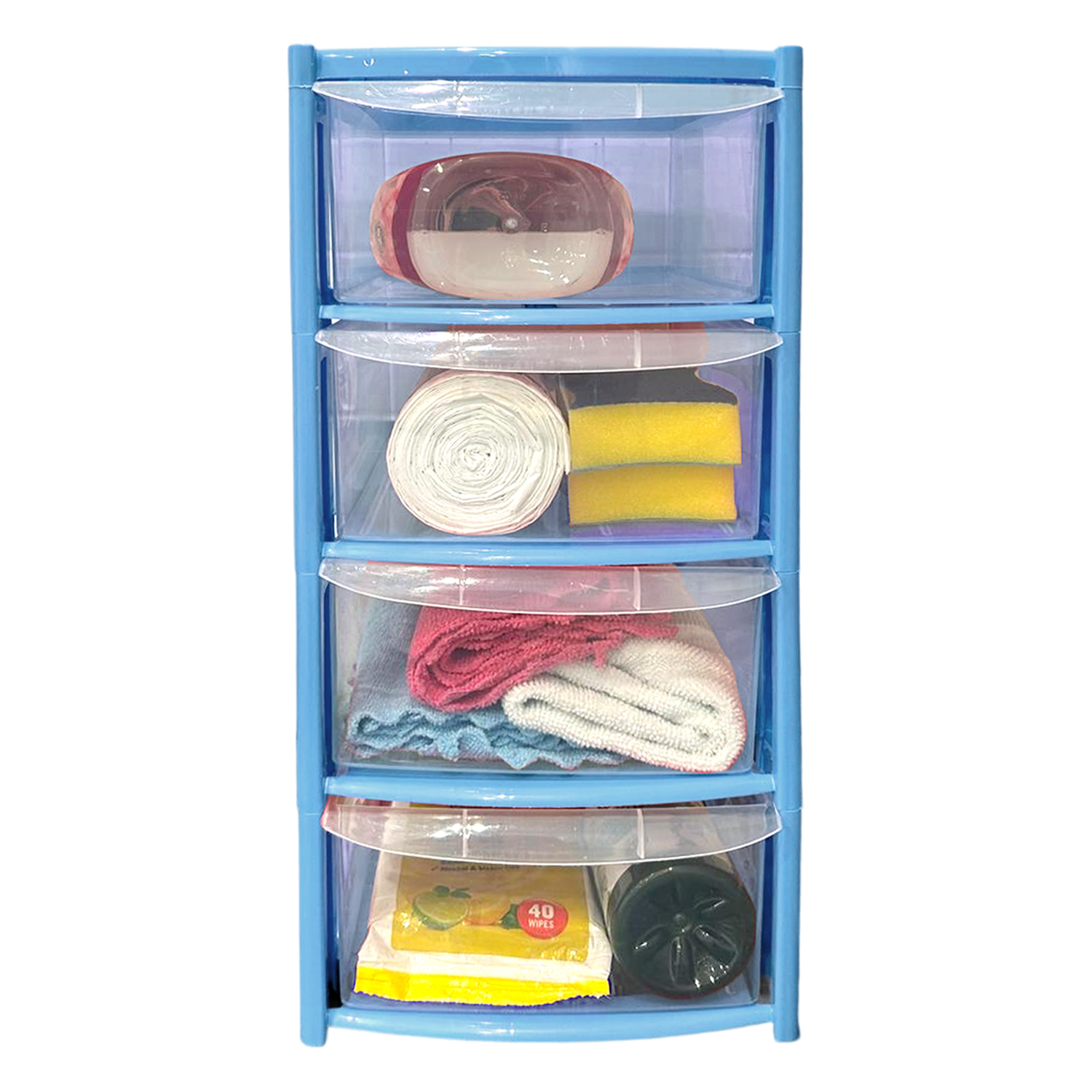 Mini 4 Drawer Plastic Storage Tower – Clear Drawers with Pink or Baby Blue Frame by STASH'D - Image 9