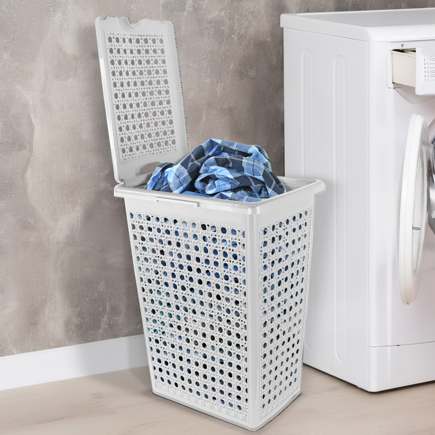 48 Litre Rectangular Laundry Basket – Plastic Storage Hamper Grey & White - Image 2