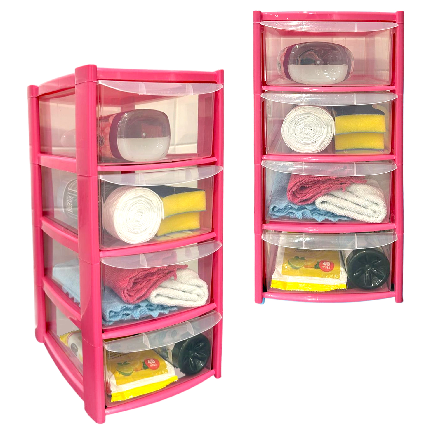 Mini 4 Drawer Plastic Storage Tower – Clear Drawers with Pink or Baby Blue Frame by STASH'D - Image 12