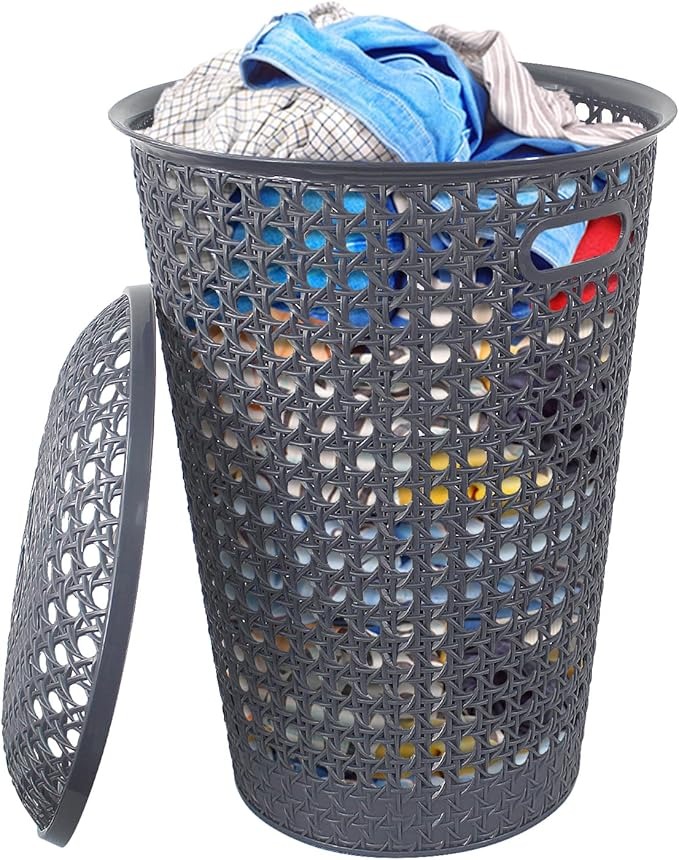 48L Round Laundry Basket with Lid & Handles – Plastic Rattan Effect Hamper (White & Grey) - Image 4