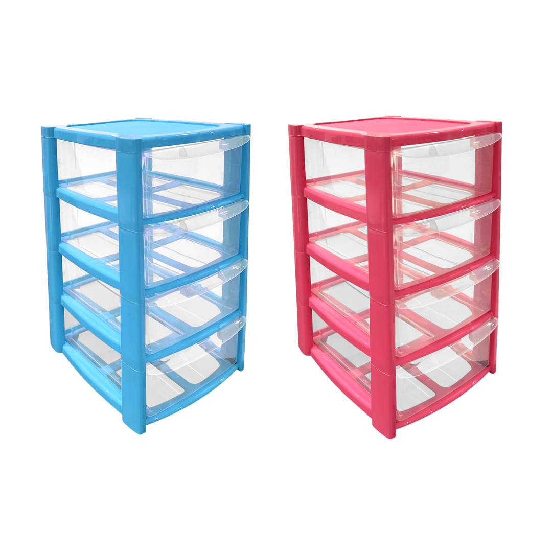 Mini 4 Drawer Plastic Storage Tower – Clear Drawers with Pink or Baby Blue Frame by STASH'D