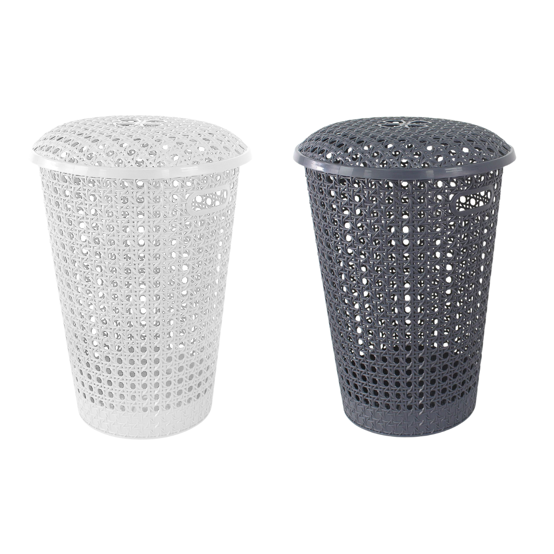 48L Round Laundry Basket with Lid & Handles – Plastic Rattan Effect Hamper (White & Grey)