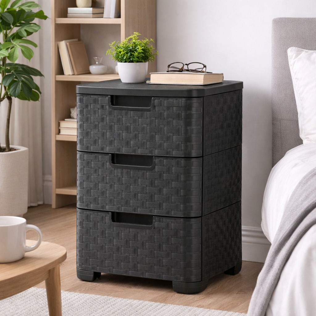 Plastic Storage Tower Unit with 3 Drawers - Black Rattan Effect - Image 6