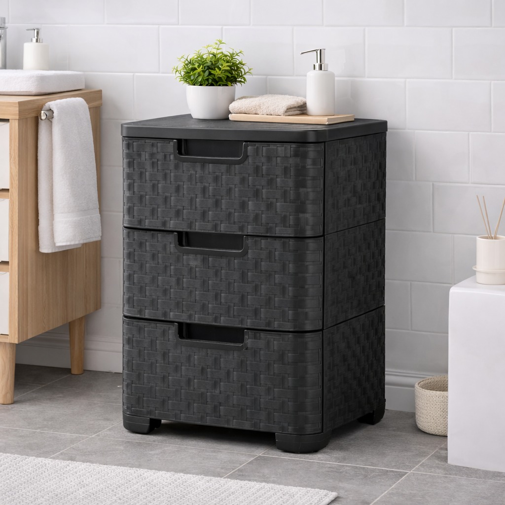 Plastic Storage Tower Unit with 3 Drawers - Black Rattan Effect - Image 2