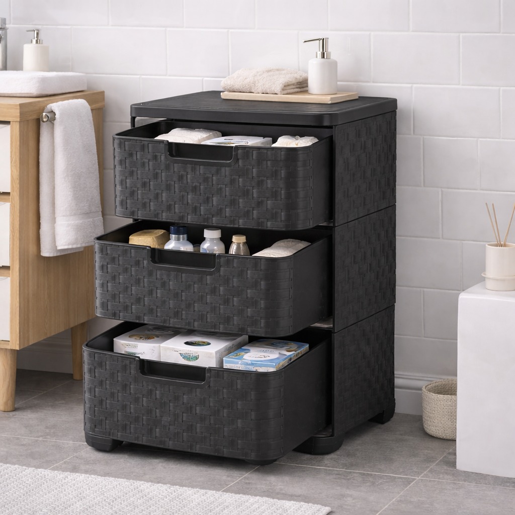Plastic Storage Tower Unit with 3 Drawers - Black Rattan Effect - Image 5