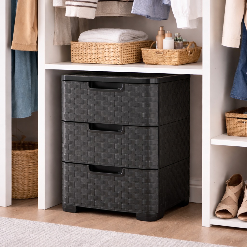 Plastic Storage Tower Unit with 3 Drawers - Black Rattan Effect - Image 4