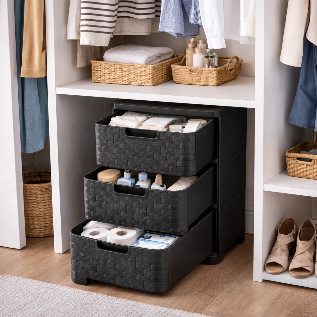 Plastic Storage Tower Unit with 3 Drawers - Black Rattan Effect - Image 3