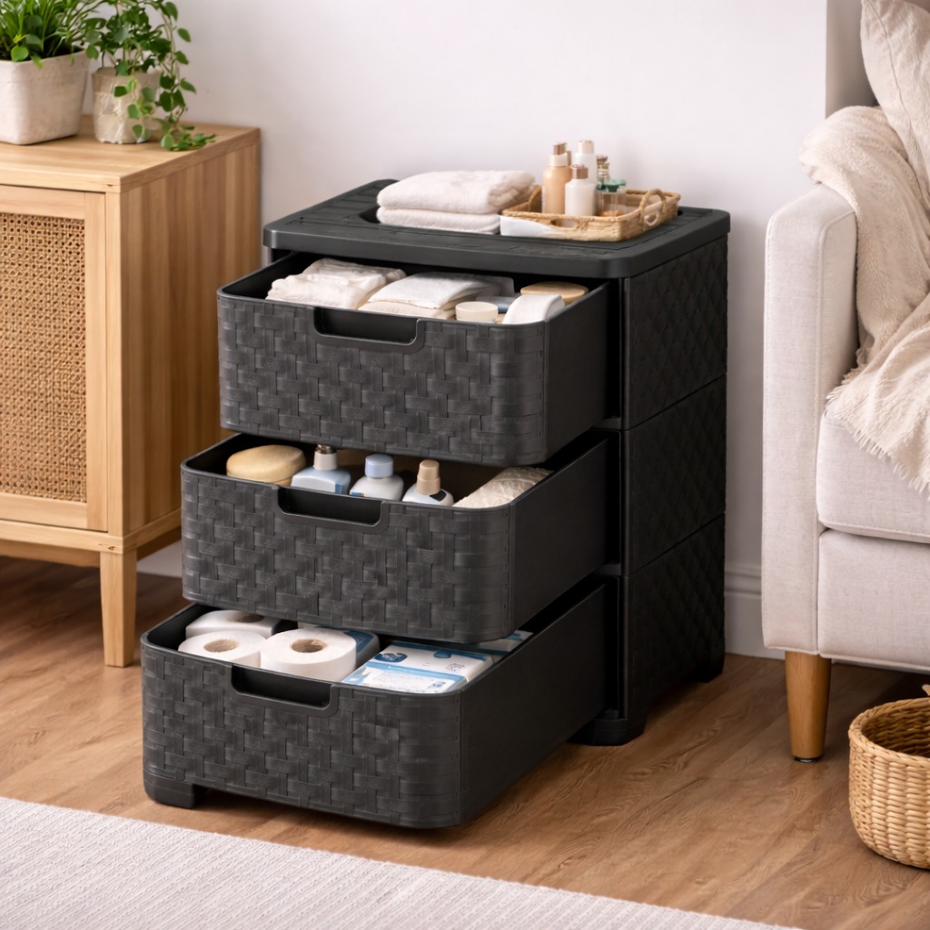 Plastic Storage Tower Unit with 3 Drawers - Black Rattan Effect - Image 7