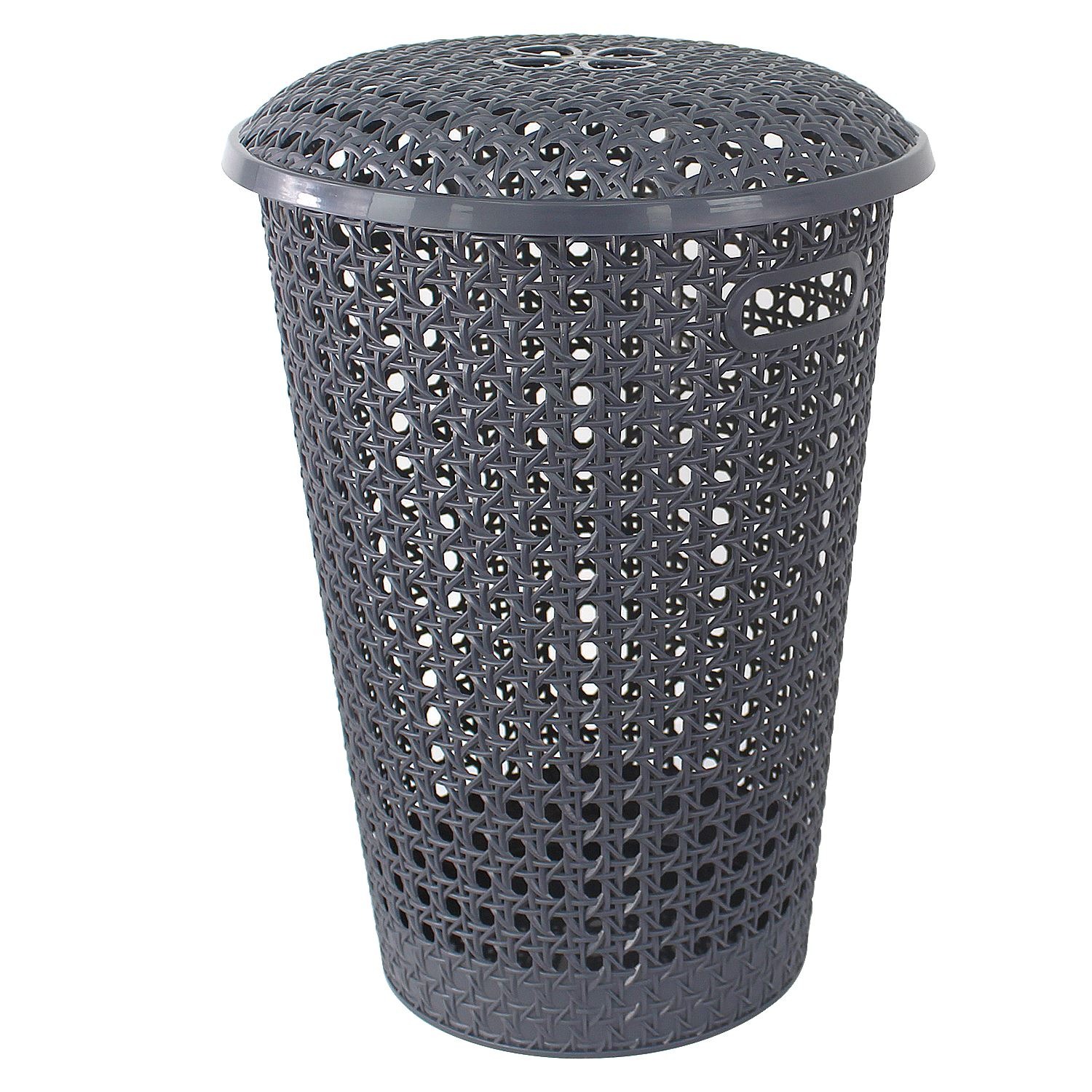 48L Round Laundry Basket with Lid & Handles – Plastic Rattan Effect Hamper (White & Grey) - Image 10