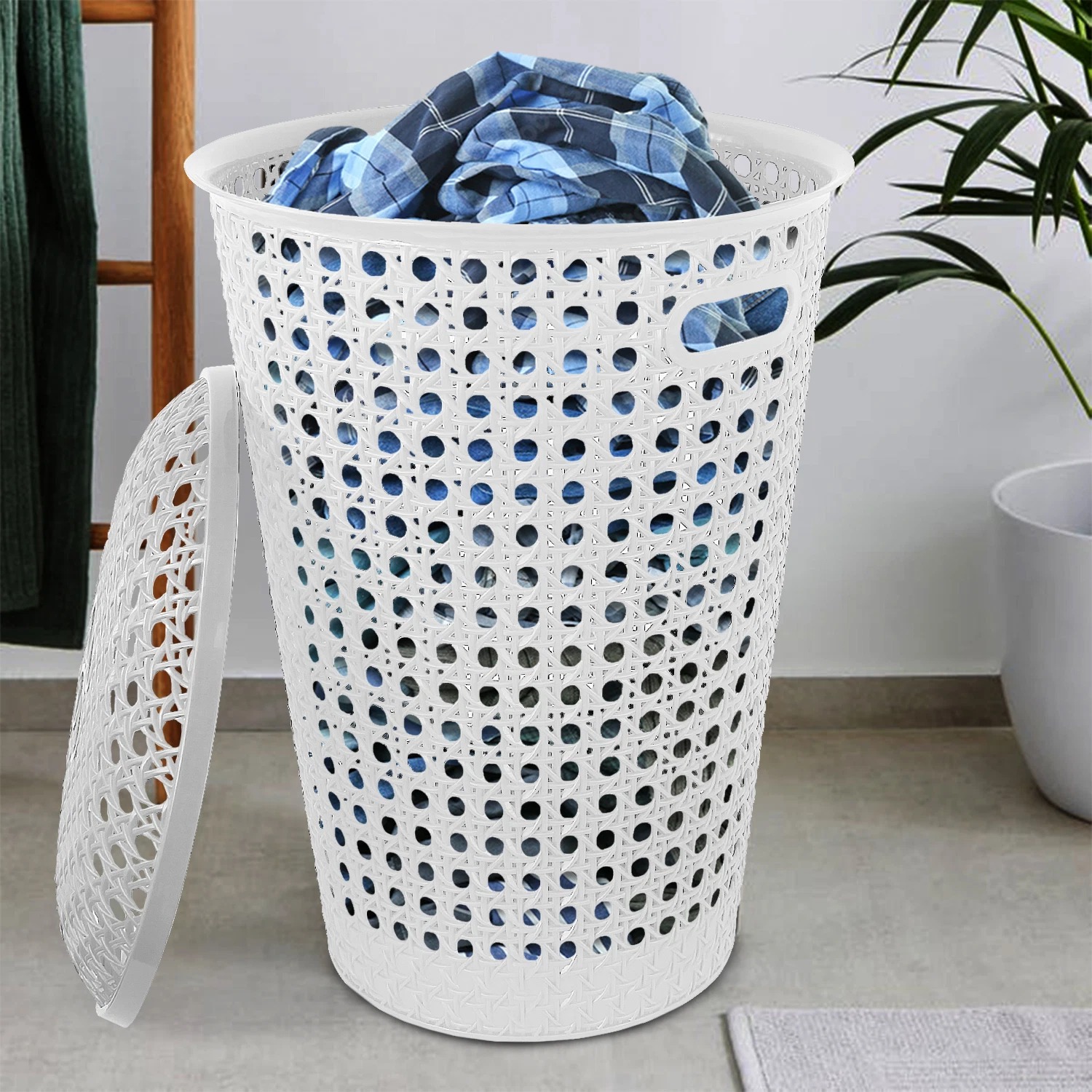 48L Round Laundry Basket with Lid & Handles – Plastic Rattan Effect Hamper (White & Grey) - Image 9
