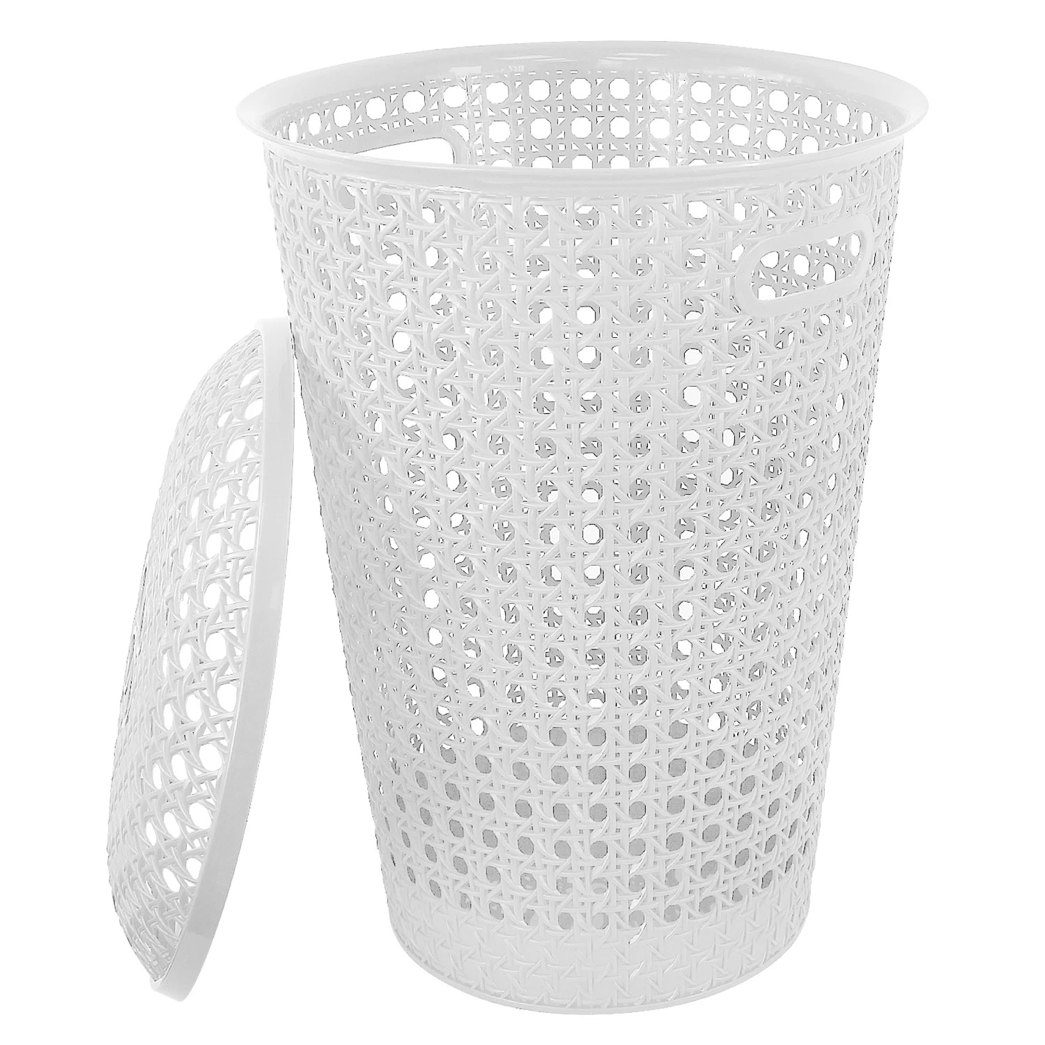 48L Round Laundry Basket with Lid & Handles – Plastic Rattan Effect Hamper (White & Grey) - Image 7