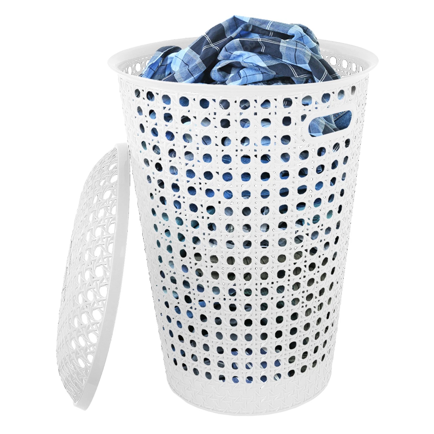 48L Round Laundry Basket with Lid & Handles – Plastic Rattan Effect Hamper (White & Grey) - Image 5
