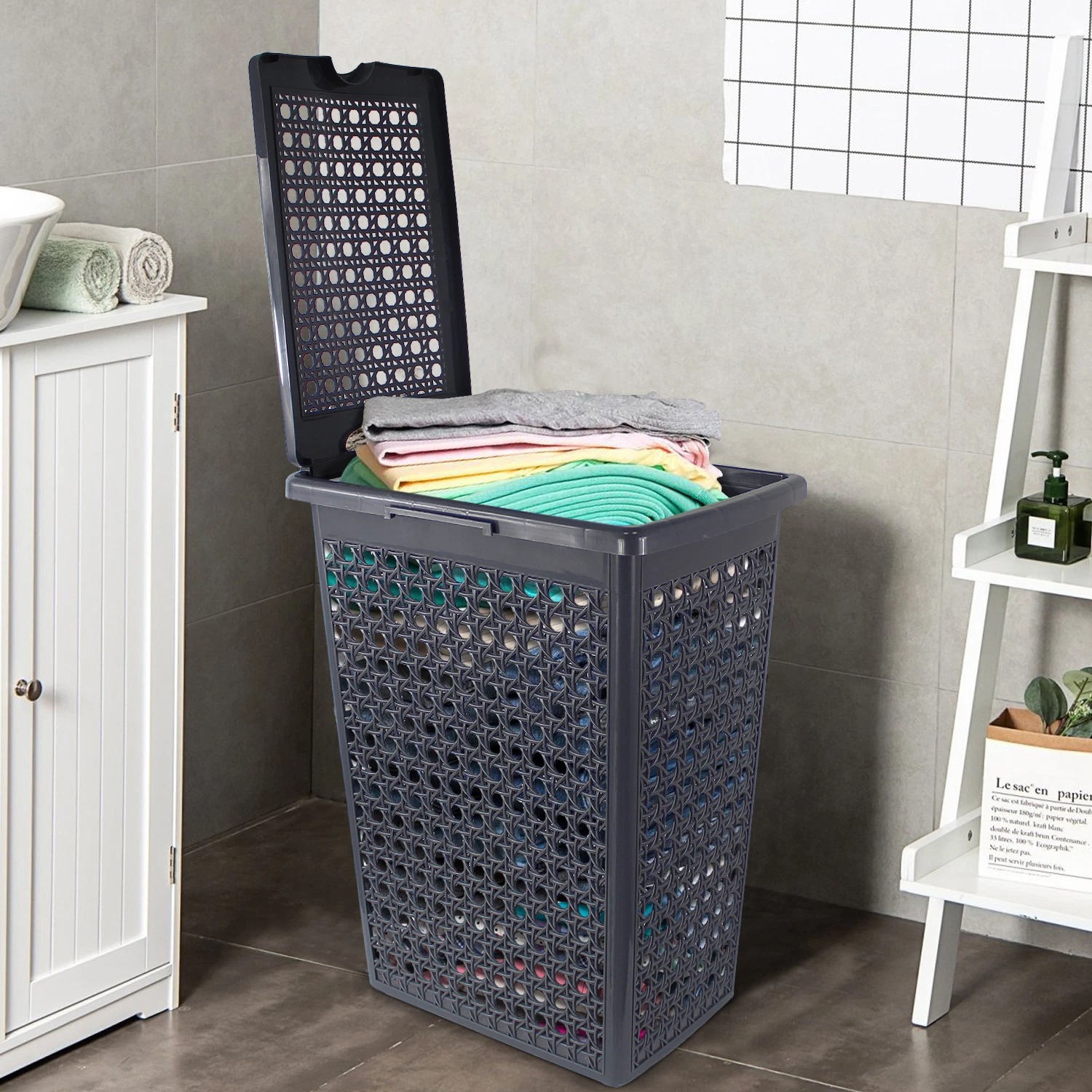 48 Litre Rectangular Laundry Basket – Plastic Storage Hamper Grey & White - Image 3