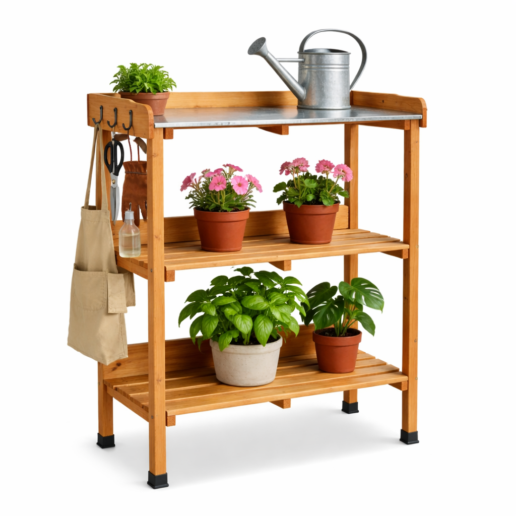 Wooden Potting Table with Galvanised Worktop – 3 Tier Garden Workbench - Image 5