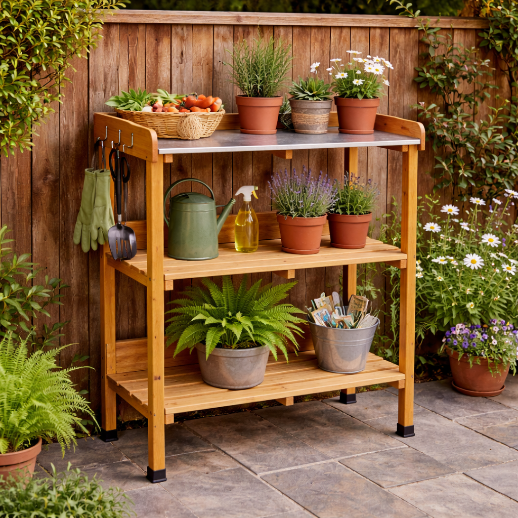 Wooden Potting Table with Galvanised Worktop – 3 Tier Garden Workbench - Image 2