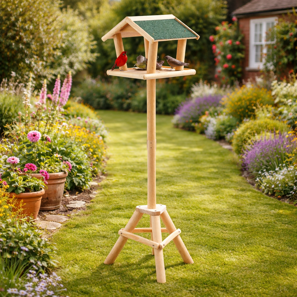 Freestanding Wooden Bird Table Feeding Station with Roof - Image 2