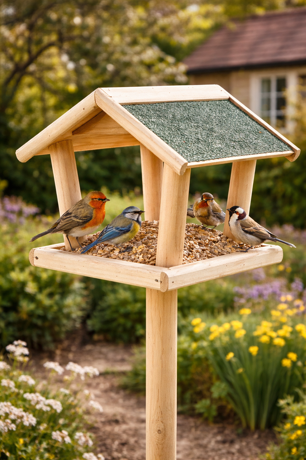 Freestanding Wooden Bird Table Feeding Station with Roof - Image 8