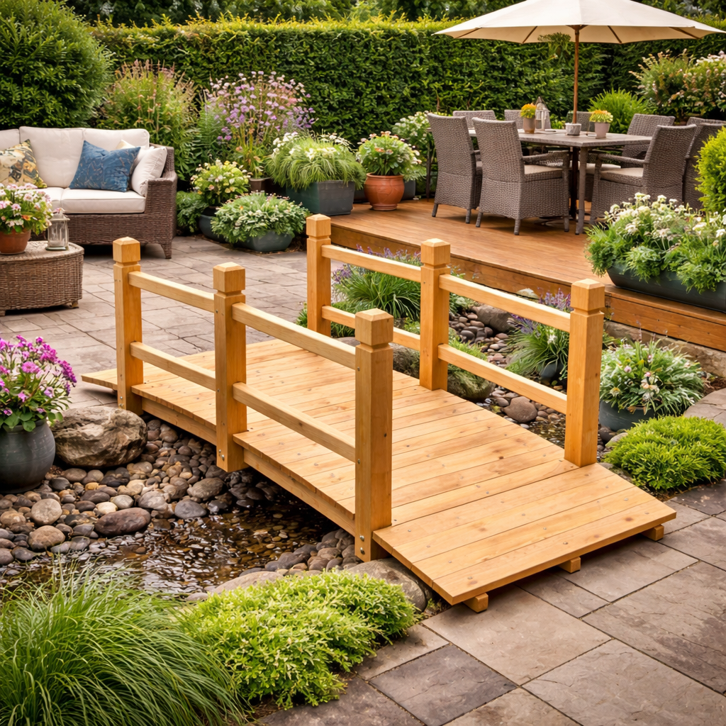 Wooden Garden Bridge with Handrails – Decorative Outdoor Footbridge - Image 2
