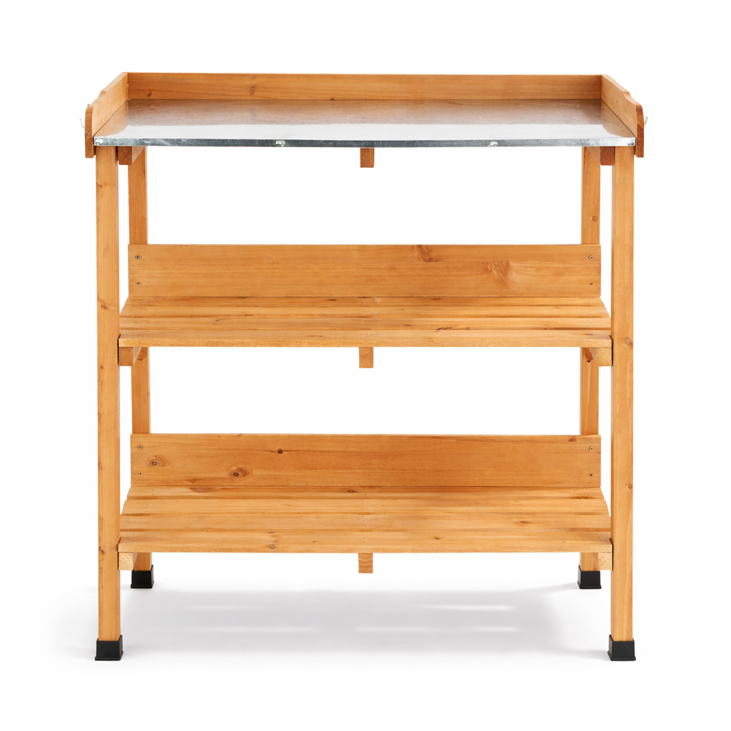 Wooden Potting Table with Galvanised Worktop – 3 Tier Garden Workbench - Image 6