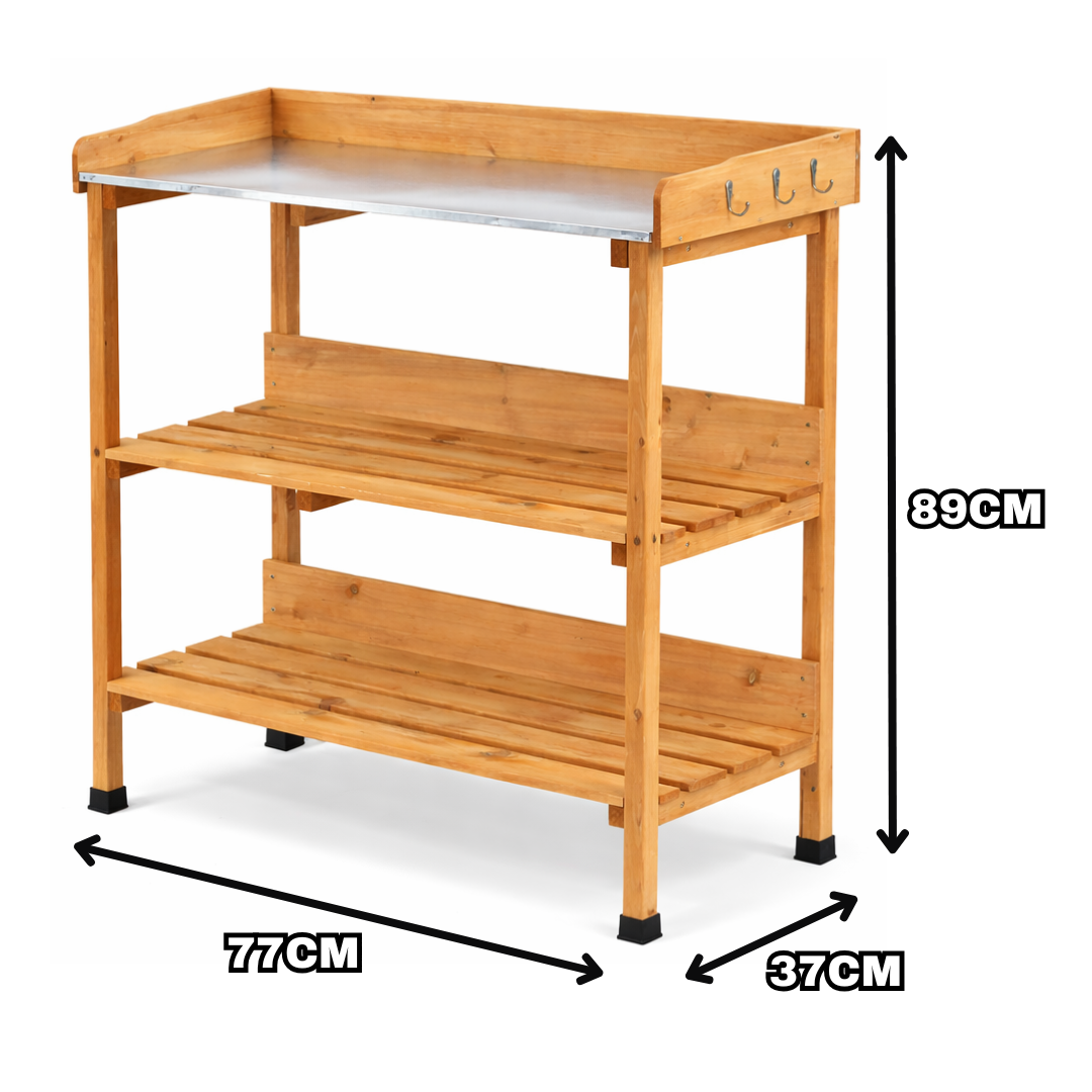 Wooden Potting Table with Galvanised Worktop – 3 Tier Garden Workbench - Image 8