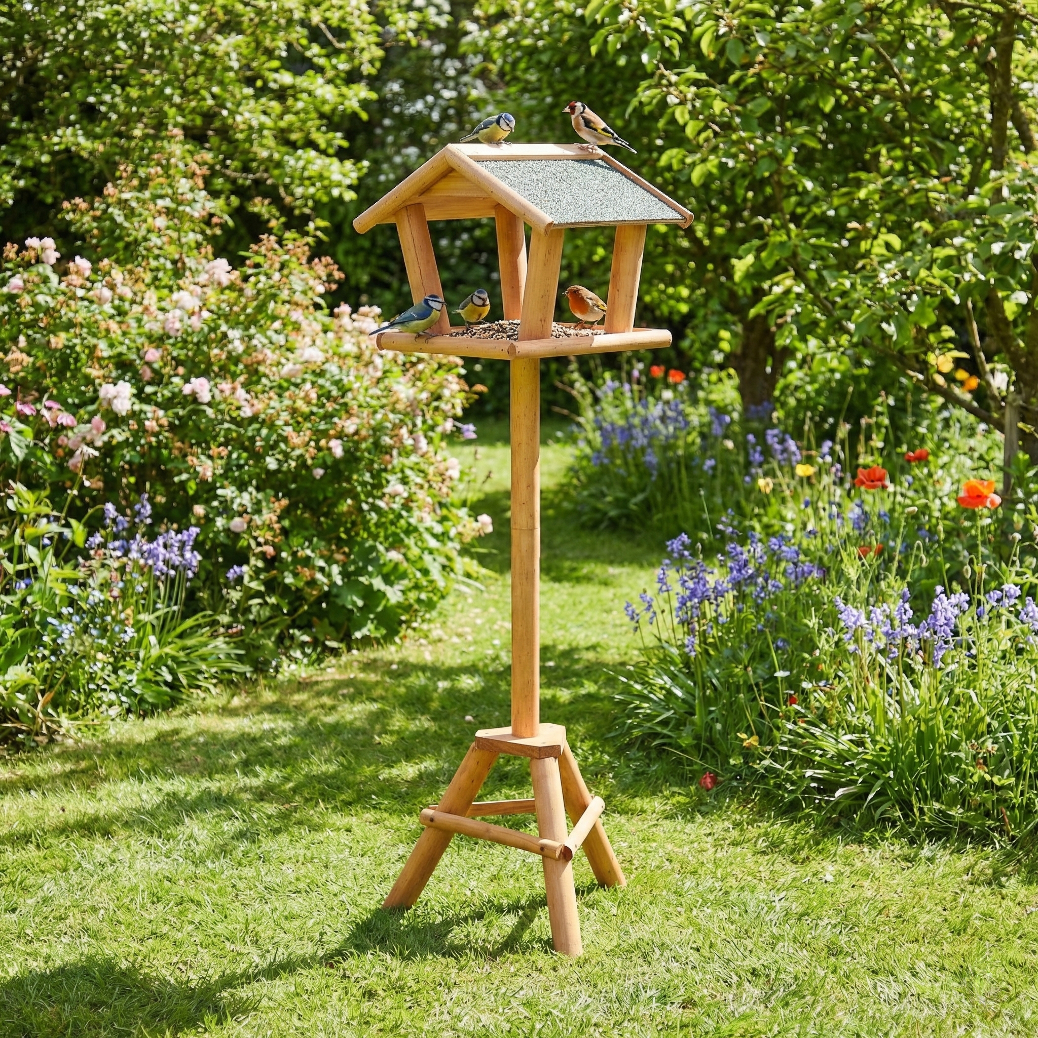 Freestanding Wooden Bird Table Feeding Station with Roof - Image 3